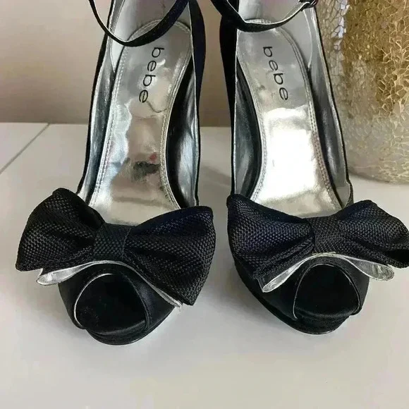 Bebe Hollace Black Peep Toe Heels Size 7 - Picture 5 of 13